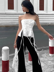 pantsparadises Streetwear Lace -up Bandage Corset Bodycone Off Shoulder Chic Aesthetic Y2K Crop Top Women Korean Summer Bustiers Camis