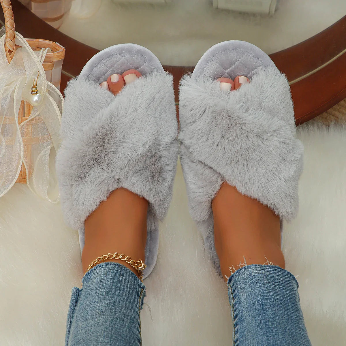 pantsparadises Faux Fur Corss Band Fuzzy Slippers Women Winter Warm Plush Indoor Fluffy Shoes Woman Soft Sole Open Toe Home Cotton Slippers