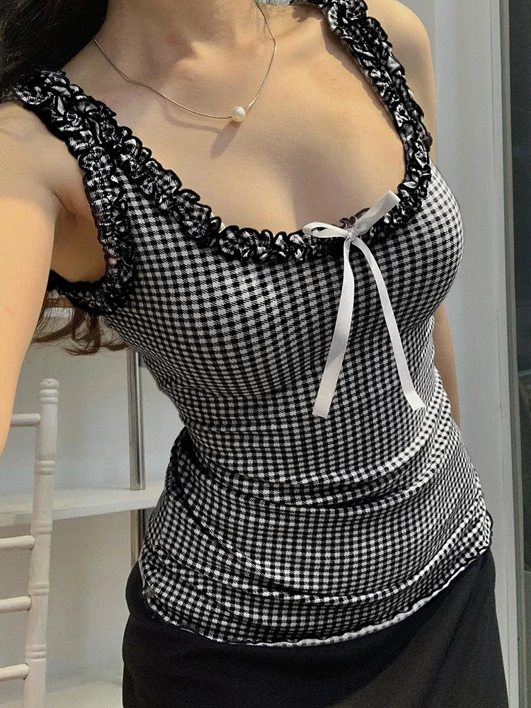 pantsparadises Sweet Bow Ruffles Plaid Tank Top Slim Square Collar Sleeveless Tank Tops Women 2024 Summer Fashiion Streetwear Ladies