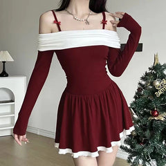 pantsparadises Christmas Dress Women y2k Clothes Contrast Color Cold Shoulder Long Sleeve A Line Mini Dress Evening Party Dresses