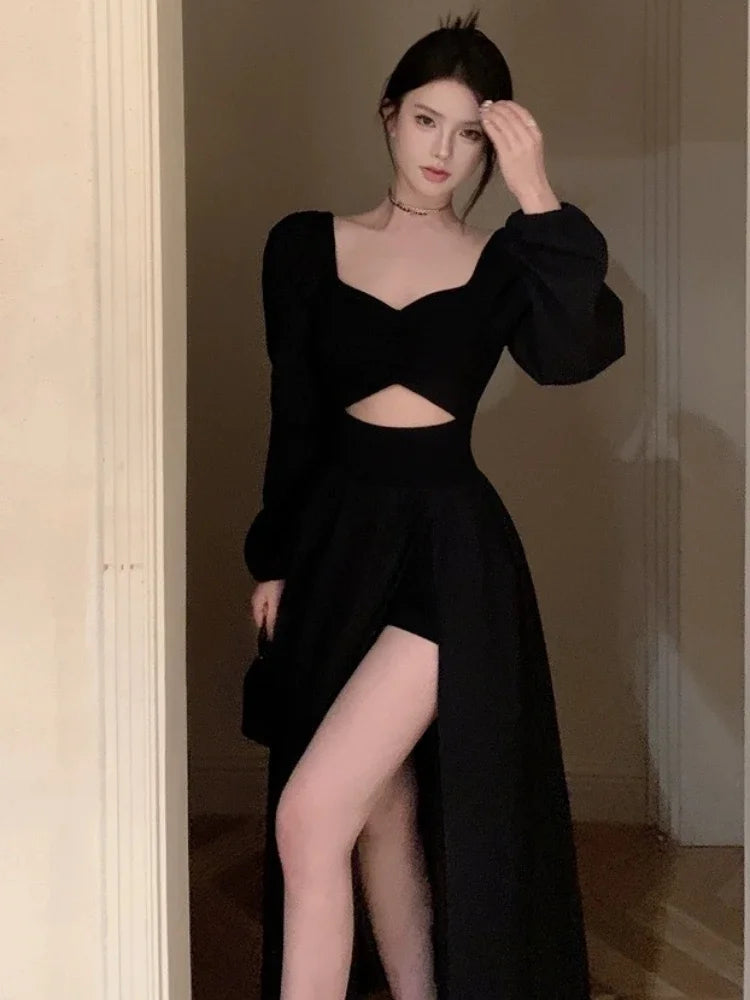 pantsparadises DRESS TO IMPRESS Dress Women Gentle Vintage Pure Chic Long-sleeve Folds Square Collar A-line  Autumn Dating Vestidos Defined Aesthetic OOTD