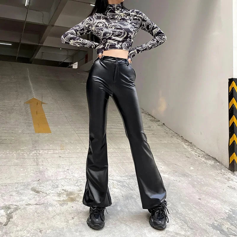 pantsparadises leather pants outfits winter Women's Y2K Slim Fit Solid Flare Pu Leather Long Pants Button High Waist Elastic Trousers with Pockets Party Clubwear