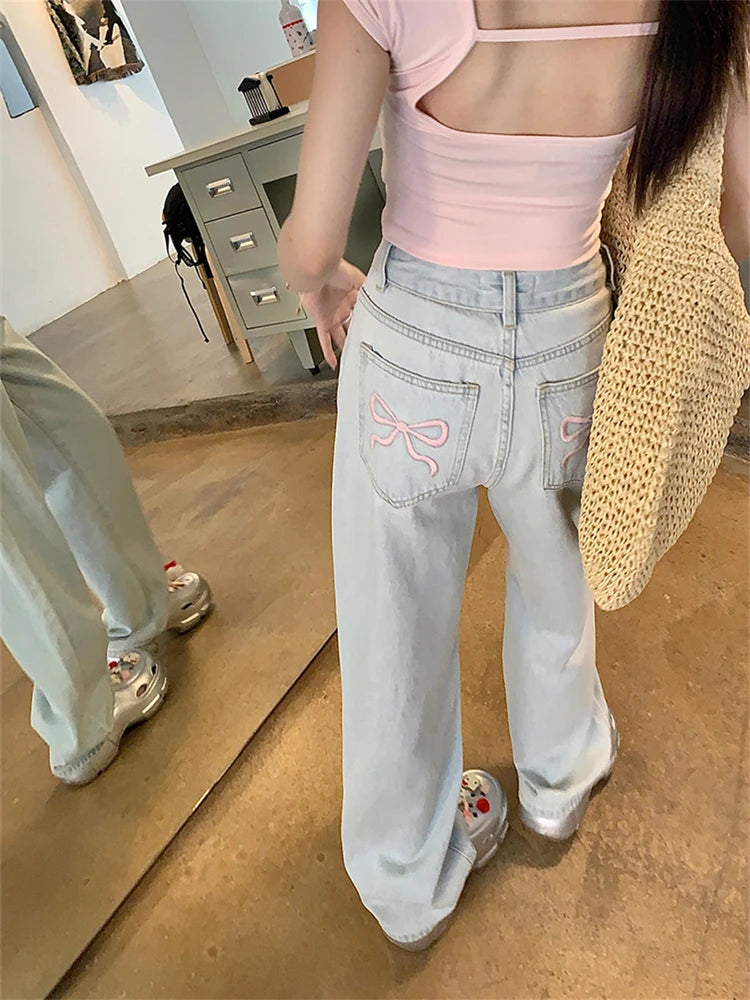 pantsparadises Women's Pink Bow Embroidered Light Blue Jeans Young Girl Street Straight Bottoms Vintage Casual Trousers Female Wide Leg Pants