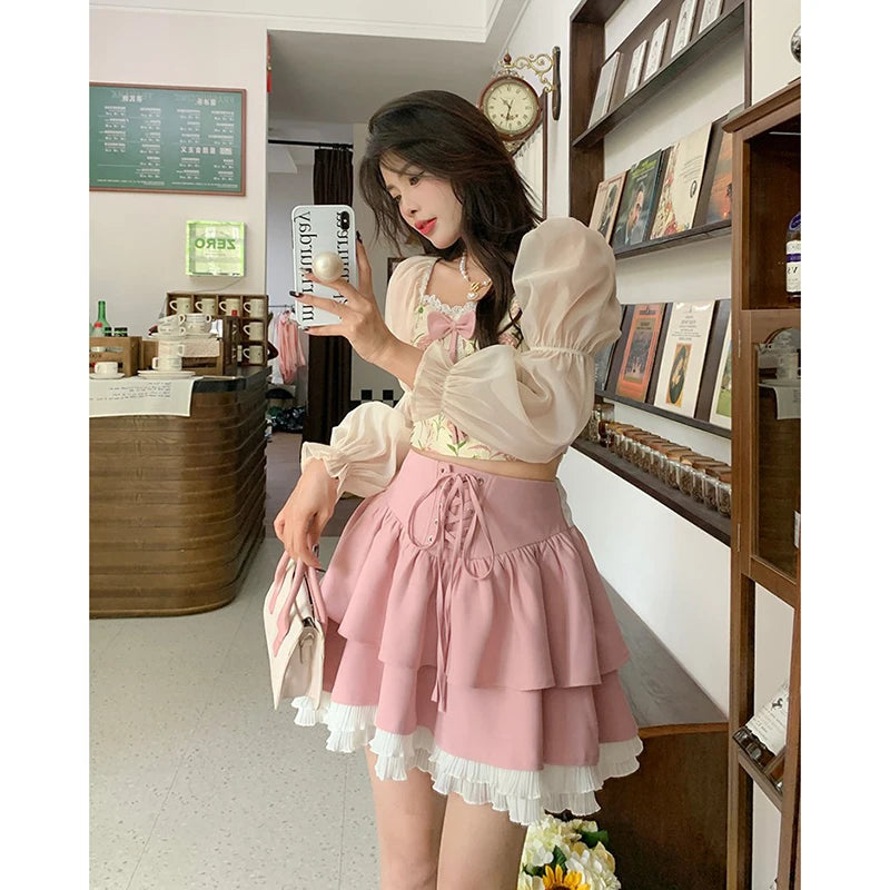 pantsparadises Autumn Pink Kawaii Mini Skrts Women Lace Patchwork Korean Fashion Party Skirt Female Casual Chic Designer Bandage Skirts