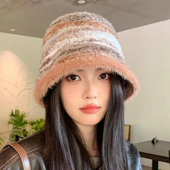 pantsparadises cute winter outfits Bucket Hat Women Winter Gradient Knitted Fisherman Cap Female Keep Warm Winter Hats Woman Bob Femme