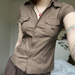 Women Khaki Safari Shirts with Pocket Casual Short Sleeve Work Tshirt Vintage Street Outfits Button Up Crop Tops