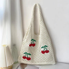 Cute Strawberry Cherry Crochet Shoulder Bag for Women Large Shopper Bag Casual Tote Handbags Summer Beach 2024 New Women's Bag