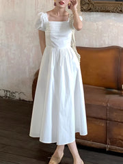 White Sweet Elegant Fairy Dress Women Puff Sleeve Folds Design Midi Dress Female Korean One Piece Dress Party 2024 Summer Casual