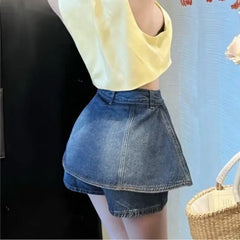 pantsparadises Fake Two Pieces High Waisted Denim Shorts Skirt Women's Summer Korean Slimming Pleated Short Dresses Spicy Girl A-line Hot Pants