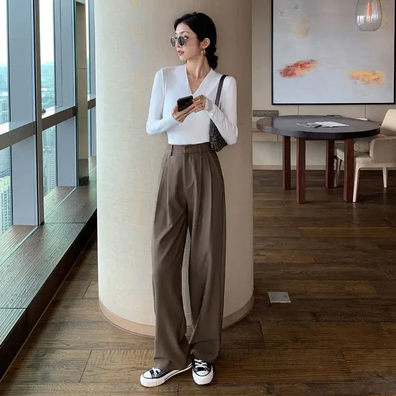 pantsparadises Brown Loose Summer Women's Suit Pants Wide Leg Brown Fluid High Waist Casual Dress Pants Ice Silk Straight Female Trousers