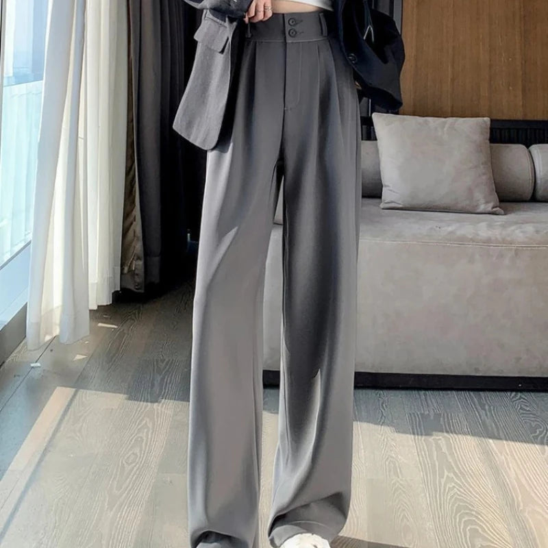 pantsparadises Women’s Wide Leg Pants Women Korean Style High Waist Black Trouser Office Ladies Fashion Loose Grey Suit Trousers Streetwear