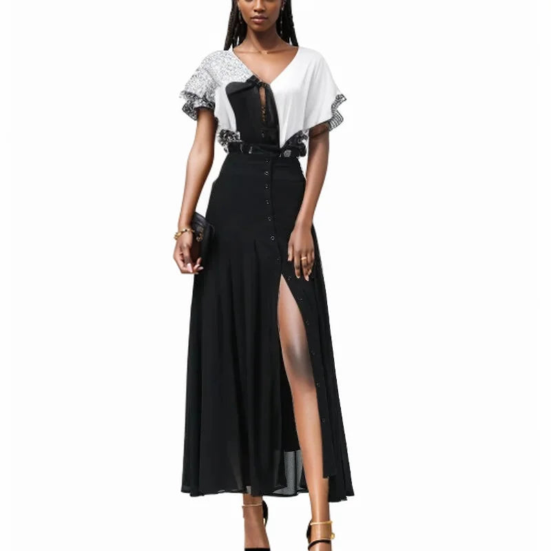 pantsparadises Summer Chiffon Pleated Skirt High Waist Slim A-line Skirt Women High Quality Elegant Over-the-knee Slit Ladies Long Skirt Party