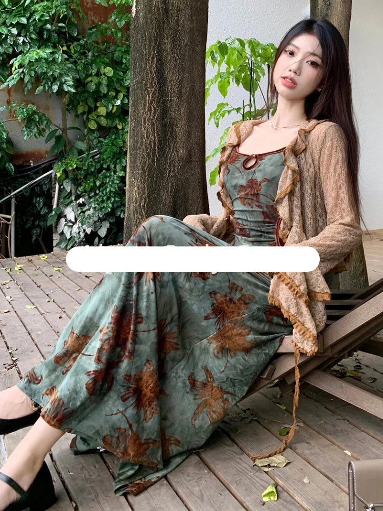 pantsparadises DRESS TO IMPRESS Vintage Elegant Floral Slip Dress Women Hollow Out Designer Korean Velvet Long Dress Female Autumn Matching Two Piece Dress Set