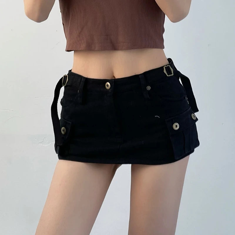 pantsparadises Denim Cargo Mini Skirt Women Korean Style Low Waist Slim Sexy Vintage Streetwear Green Jean Skirt Y2k Girl Summer