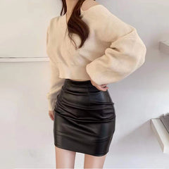 pantsparadises Black Mini Pu Leather Skirt Women Korean Fashion High-Waisted Elasticity Punk Style Bodycon Goth Sexy Skirts Female