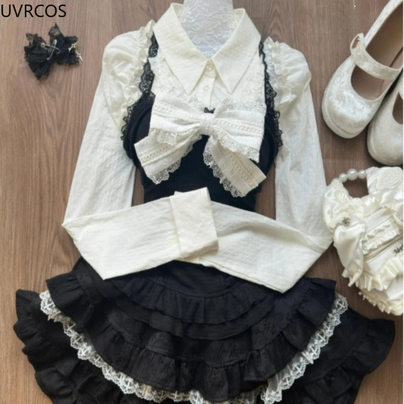 pantsparadises Y2k Aesthetic Lolita Style 3 Piece Set Women Kawaii White Shirt Bow Lace Vest Ruffle Mini Skirts Japan Fashion Gothic Skirt Suit