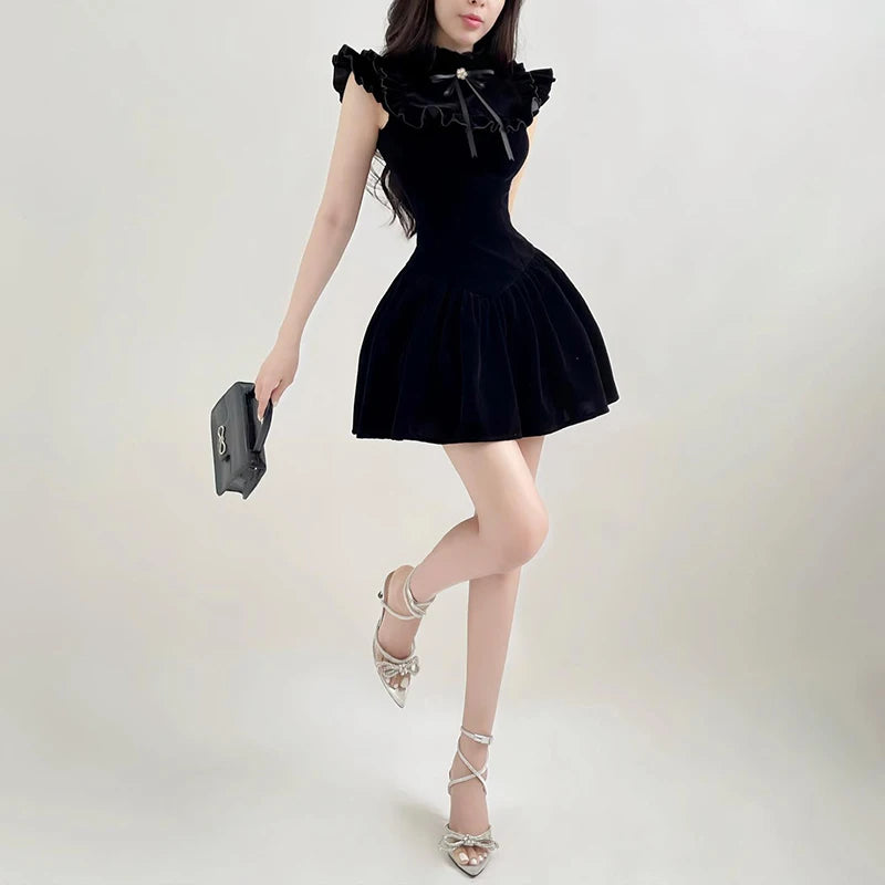 pantsparadises DRESS TO IMPRESS  Elegant Velvet Black Mini Dresses Sleeveless A-line Korean Fashion Birthday Party Coquette Sexy Ballroom Dress Women