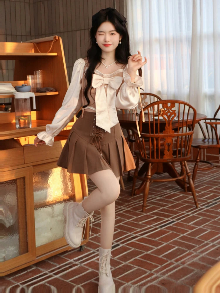 pantsparadises DRESS TO IMPRESS Korean Style Fairy Two Piece Set Women France Vintage Blouse + Bandage Mini Skirt Female Sweet Elegant Party Mini Skirt Set