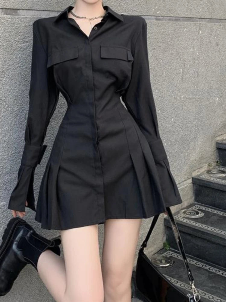 pantsparadises Black Shirt Dress Women Elegant Vintage Long Sleeve Dresses Sexy Gothic Pleated Streetwear Turn-down Collar Casual Robe