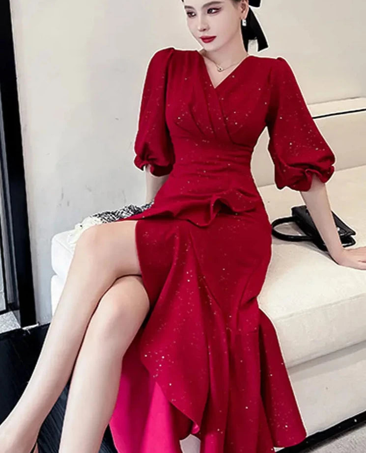 pantsparadises Elegant Midi Red Mermaid Dress Women Autumn Korean Sexy V-neck Irregular Sequins Dress Vintage Casual Evening Party Dress