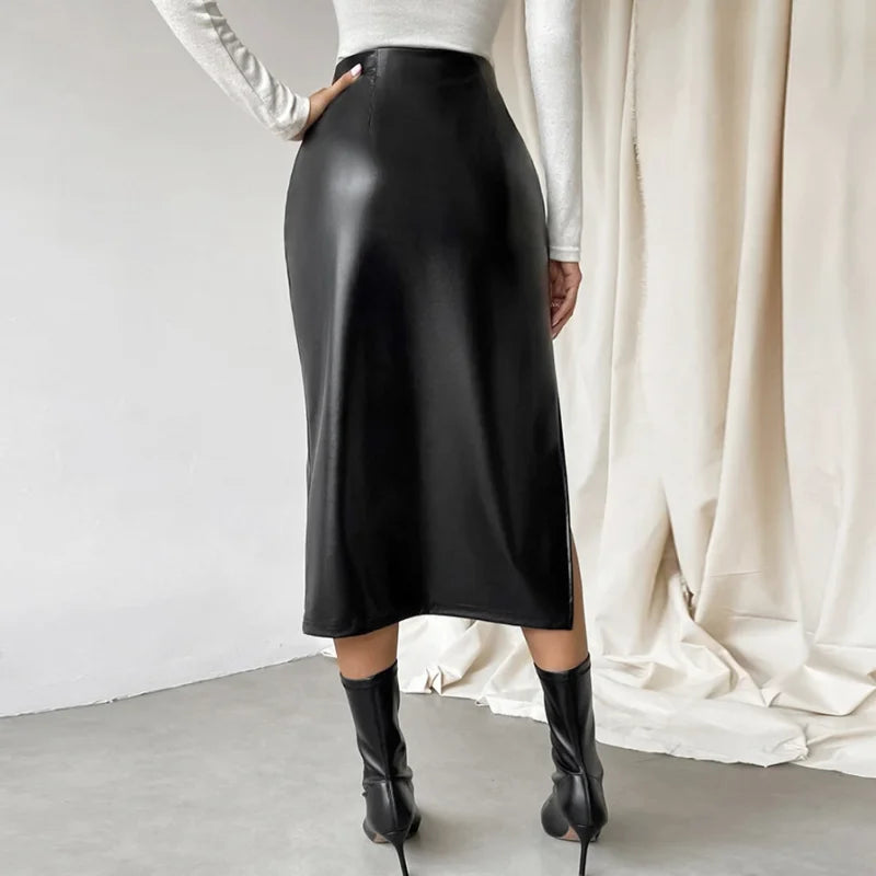 pantsparadises Black Leather Skirts Women Fashion High Waist PU Long Skirt Splits Streetwear Autumn Female Elegant Solid Office Casual