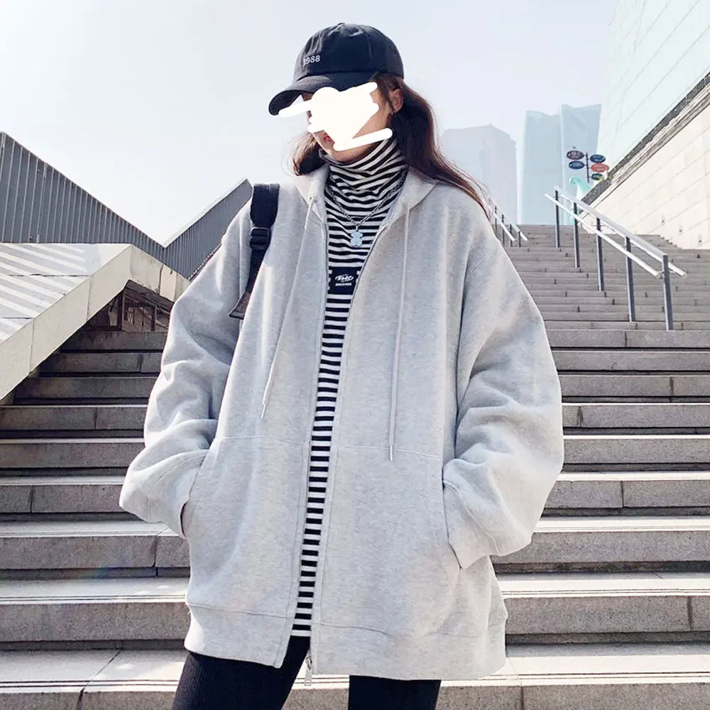 pantsparadises Women Solid Hoodies Coat Harajuku Basic Long Sleeve Spring Autumn Loose Zip Up Casual Oversized Sweatshirts Jacket with Pocket