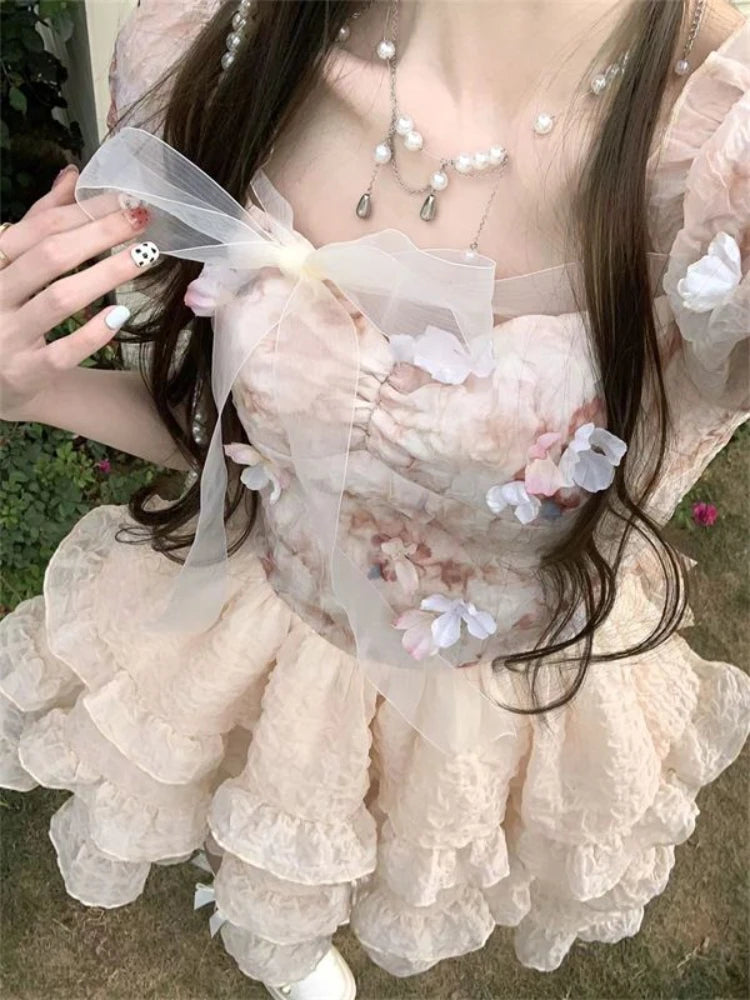 Summer Party Mini Dress Women New Flower Bow Lolita Sweet Dress Female Korean High Waist Short Sleeves Cake Fairy Dress 2024