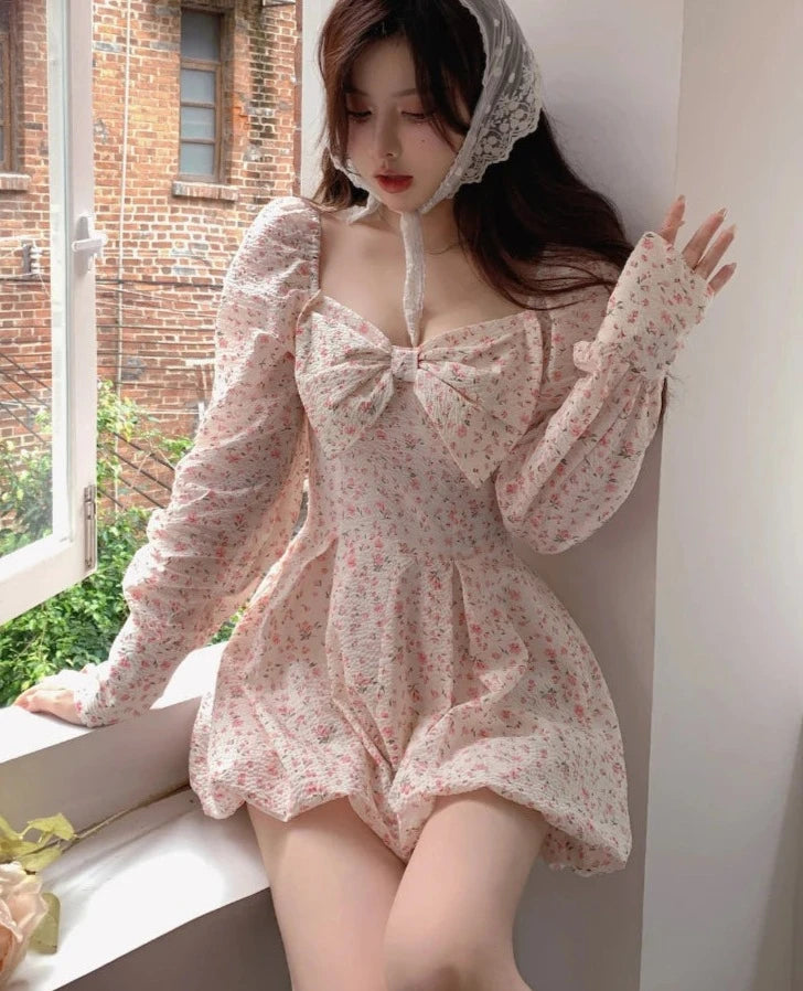 pantsparadises Japanese Sweet Floral Lolita Dress Women Bow Chic Elegant Beach Party Dresses Ladies Y2k Pink Kawaii Summer One-piece Dress