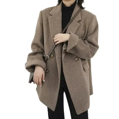 pantsparadises WINTER OUTFITS Women Wool Blend Coat Solid Mid Long Woolen Blazer Thick Warm Blouse Women's Overcoat Office Lady Tops Autumn Winter