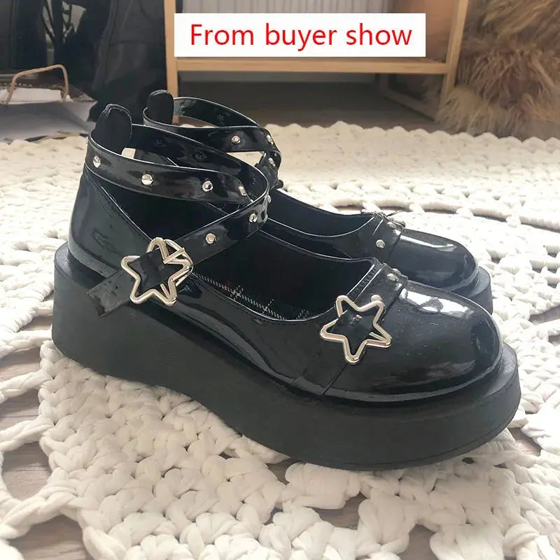 pantsparadises Shoes Lolita shoes Women heels platform mary janes Star Buckle Strap Mary Janes Women Cross-tied Girls Rivet Casual kawaii shoes