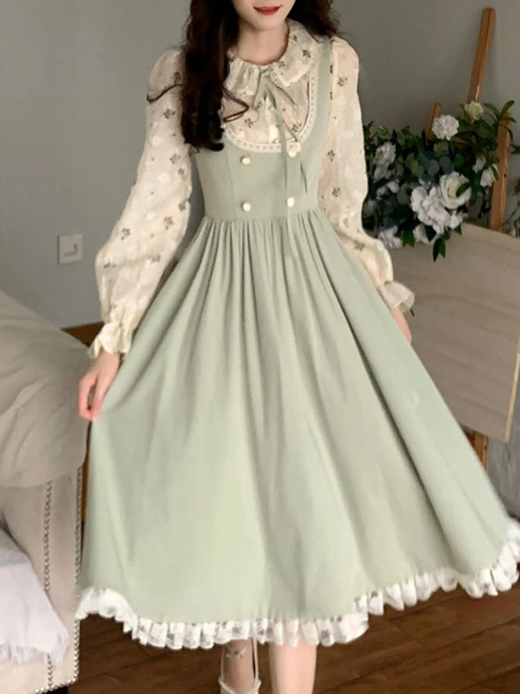 pantsparadises DRESS TO IMPRESS Green Elegant Vintage Strap Dress Women Spring Lace Evening Party Midi Dresses Ladies Retro Korean Sweet Kawaii Fairy Dress