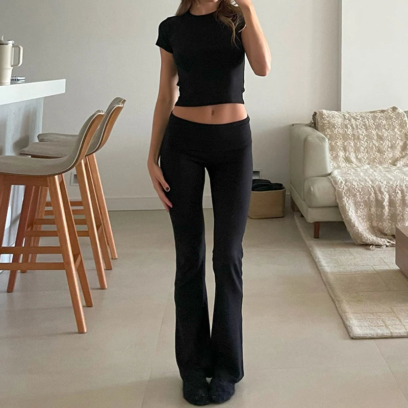 pantsparadises Women Casual Slim Fit 2 Piece Set Short Sleeve Crop Tops + Pants Elegant Matching Suit Vintage Y2K Rib Knitted T-shirt Outfits