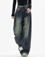 pantsparadises Wide Leg Jeans Women Elegant Casual Korean Fashion Style High Waist Daily Retro Washed Vintage Streeetwear Chic All-match Basic