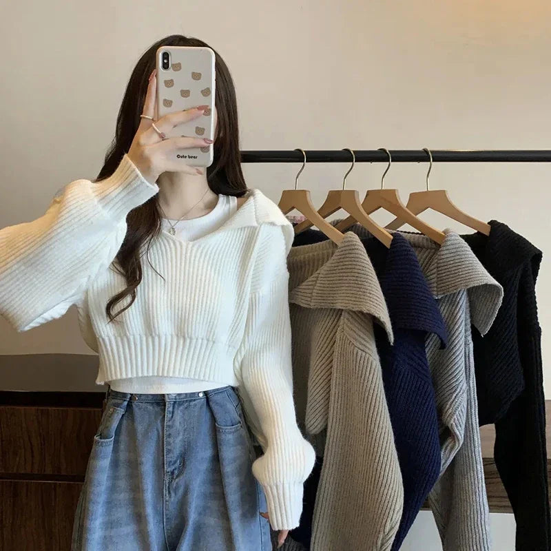 pantsparadises Long Sleeve Cropped Sweater Women Autumn Winter Turn Down Collar Knitted Jumper Woman Korean Style Solid Color Jerseys