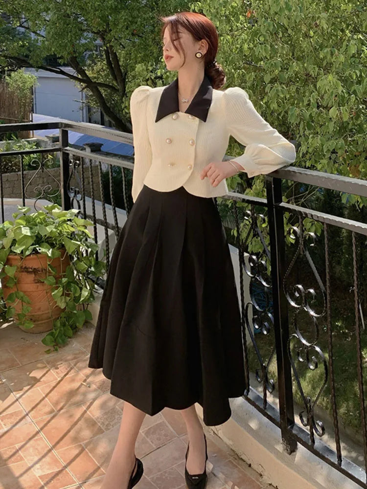 pantsparadises DRESS TO IMPRESS Spring Elegant Two Piece Set Women Casual Slim Korean Coat + Black Pleated Gothic Vintage Midi Skirt Office Lady Skirt Sets