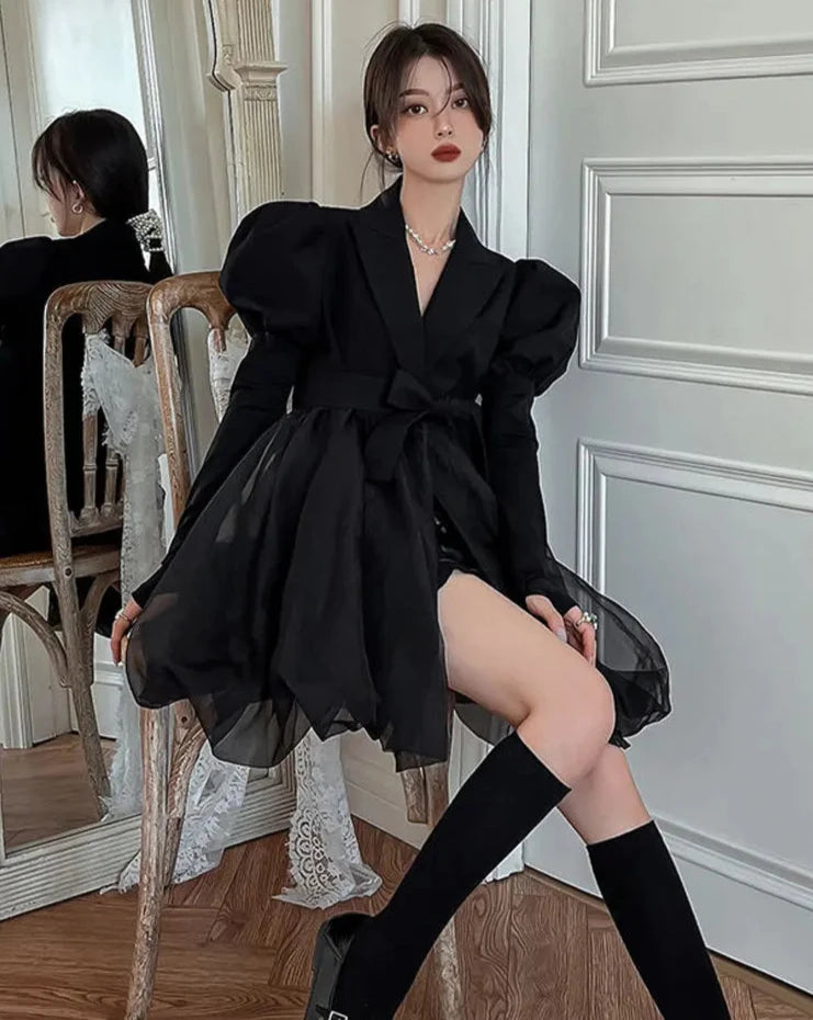 pantsparadises DRESS TO IMPRESS Korean Black Mini Blazer Dress Women Elegant Vintage Chic Mesh Design Y2k Dress Winter Casual Sash Evening Party Dress One Piece