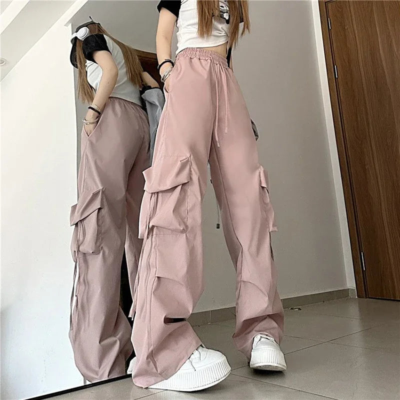 pantsparadises Hip Hop Cargo Pants Women Jazz Black Big Pockets Streetwear Trousers High Waisted Solid Fashion Harajuku Y2K Wide-Legged Pants