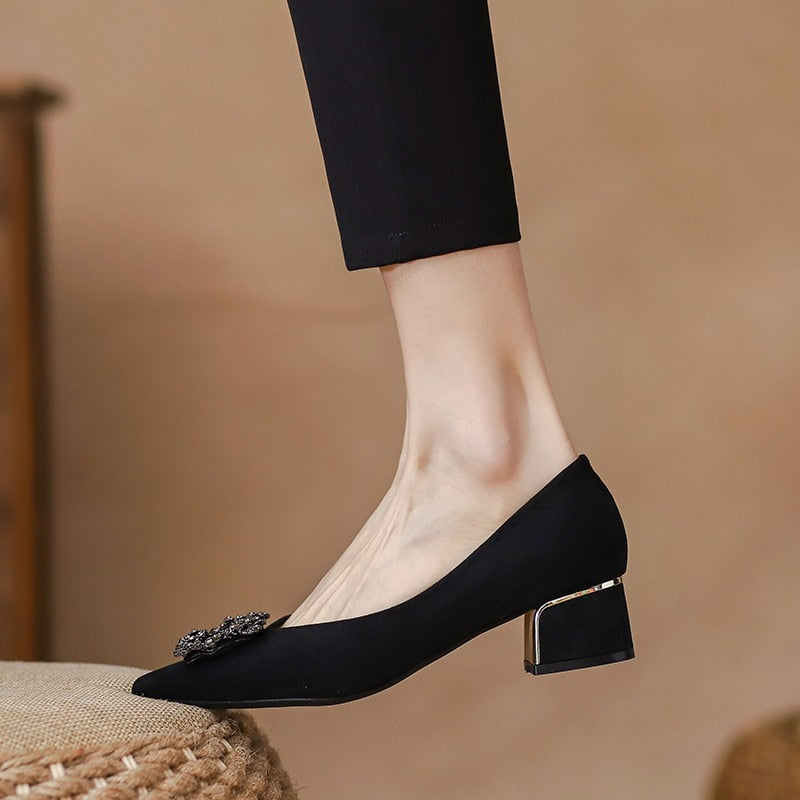 Women Pumps Retro Rhinestone Decorations Shallow Mouth Pointed Toe Square Heel Elegant Slip On Mule Shoes