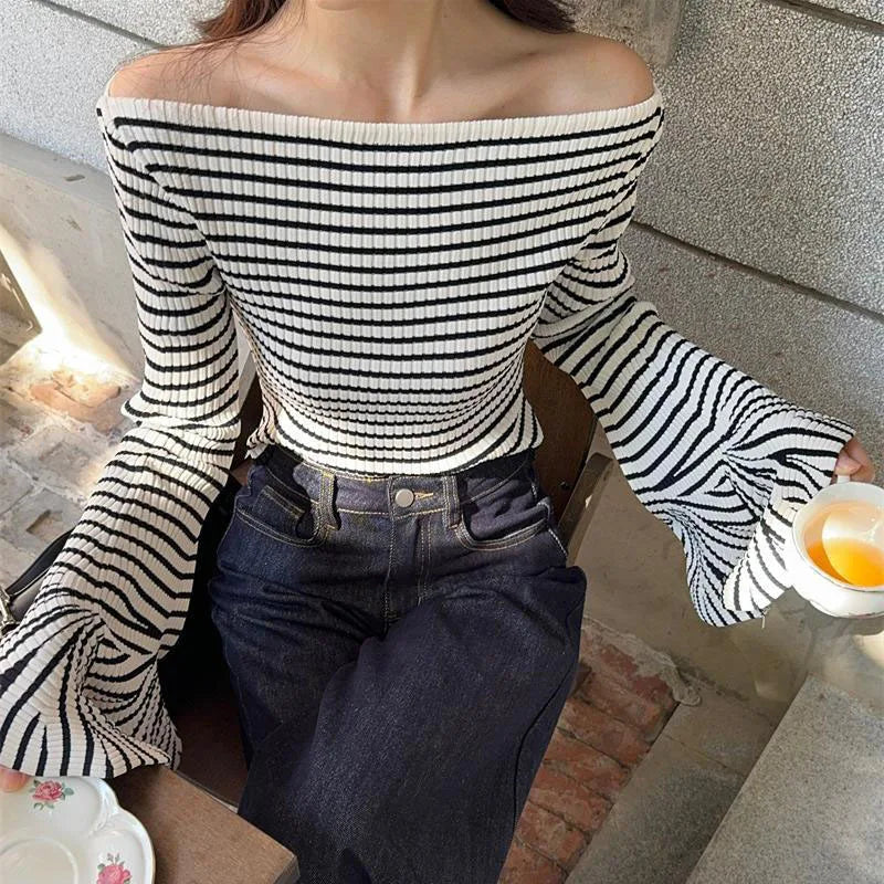 pantsparadises y2k Knit Top Women Clothes Elegant Striped Off Shoulder Flared Long Sleeve T Shirt 2000s Aesthetic Clothing Streetwear