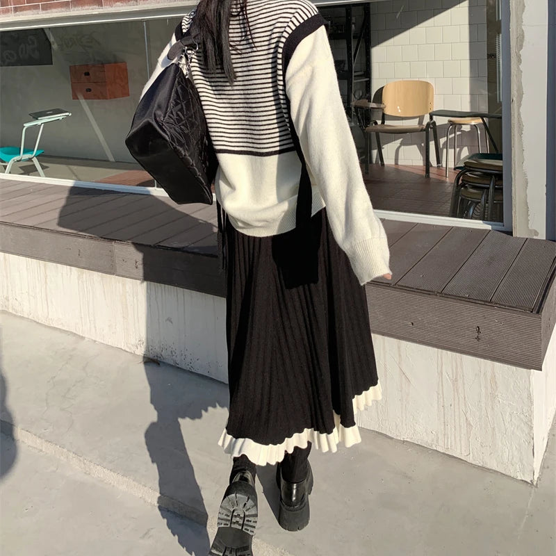 pantsparadises DRESS TO IMPRESS Japanese Vintage Knitted Skirt Women Black Patchwork Party Korean Y2k Skirt Female 2021 Winter Casual High Street Gothic Clothes