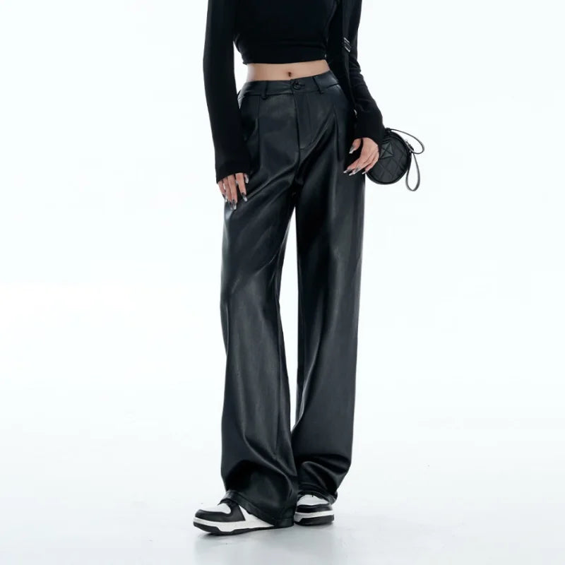 Black PU Leather Pants Women Casual Korean Fashion Baggy High Waist Straight Wide Leg Pants Streetwear Y2K Vintage Goth Punk