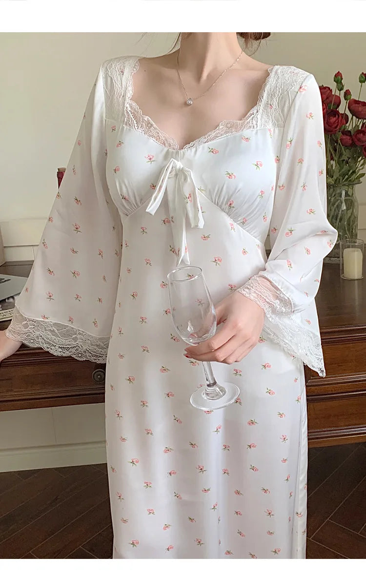 pantsparadises Retro Court Style Square Collar Long Sleeve Nightdress New Spring Women Nightgown Sleepwear Sweet Print Flower Lace Home Dress