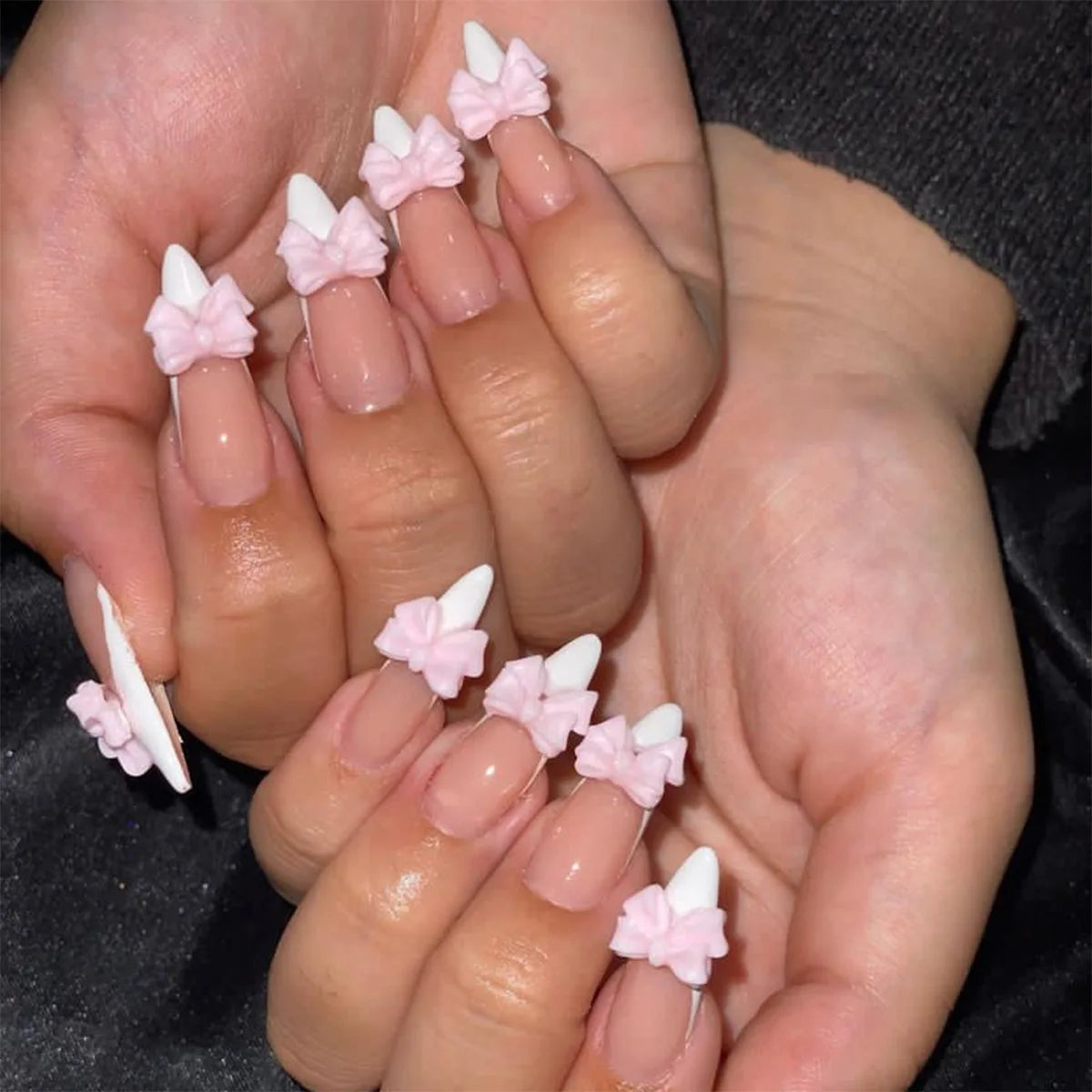 pantsparadises Medium Length Fake Nails 3D Flower Pearl Designs Nude Pink Color Press on Nails Ballerina False Nails for Women DIY Manicure