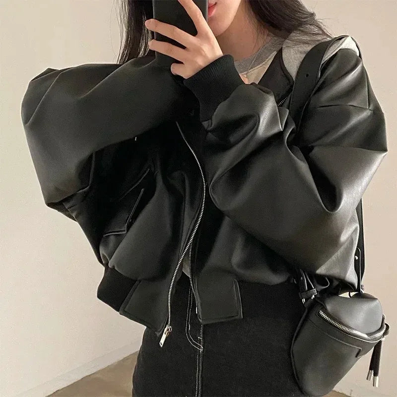 pantsparadises outfit inspo winter Fashion Hooded Loose Leather Jackets Women Fashion Faux Leather Coats Spring Autumn Korean PU Jackets