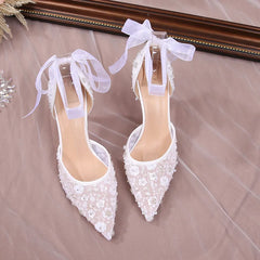 pantsparadises Size 33-42 Summer Beaded Women White Wedding Shoes Ankle Strap Pointed High Heel Pumps