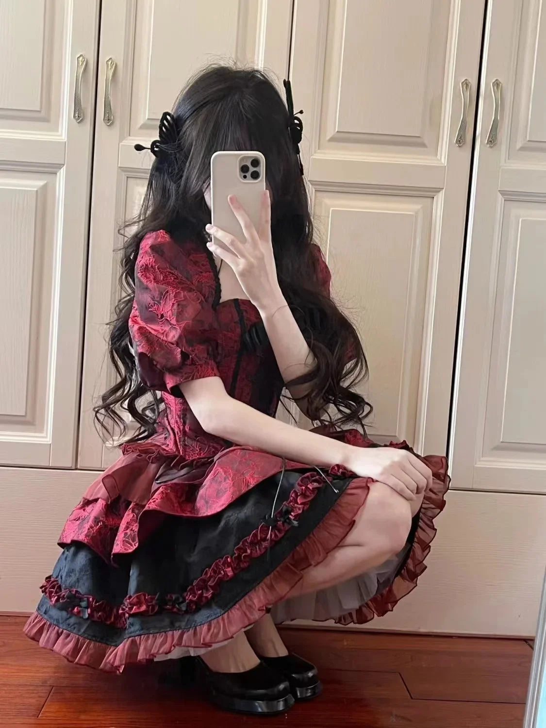 pantsparadises DRESS TO IMPRESS Women's Victorian Gothic Lolita Lace Bow Slim Bandage Princess Dress, Japanese Harajuku Punk Style, Evening Party Red Dresses