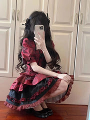 pantsparadises DRESS TO IMPRESS Women's Victorian Gothic Lolita Lace Bow Slim Bandage Princess Dress, Japanese Harajuku Punk Style, Evening Party Red Dresses