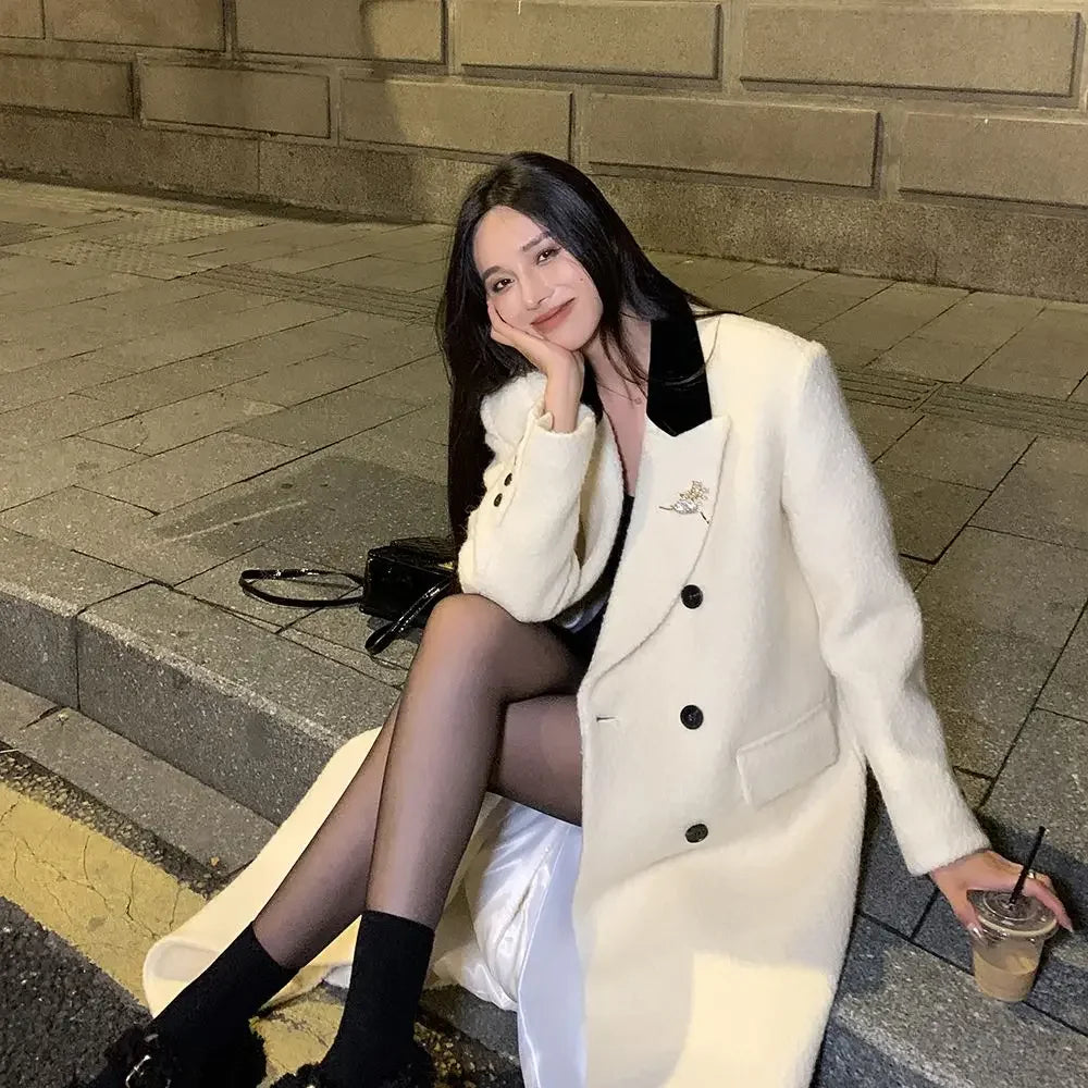 pantsparadises WINTER OUTFITS White Suit Coat Women Winter Jackets New Korean Fashion  Loose Temperament Mid Length Thick Long Coats Autumn Clothing