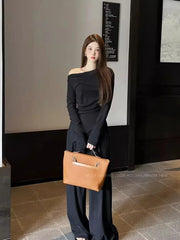 pantsparadises FALL OUTFITS Slash-neck T-shirt Women Based Long-sleeves Asymmetrical Off Shoulder Hot Slim Solid Simple Ladies Korean-style Elegant Trendy