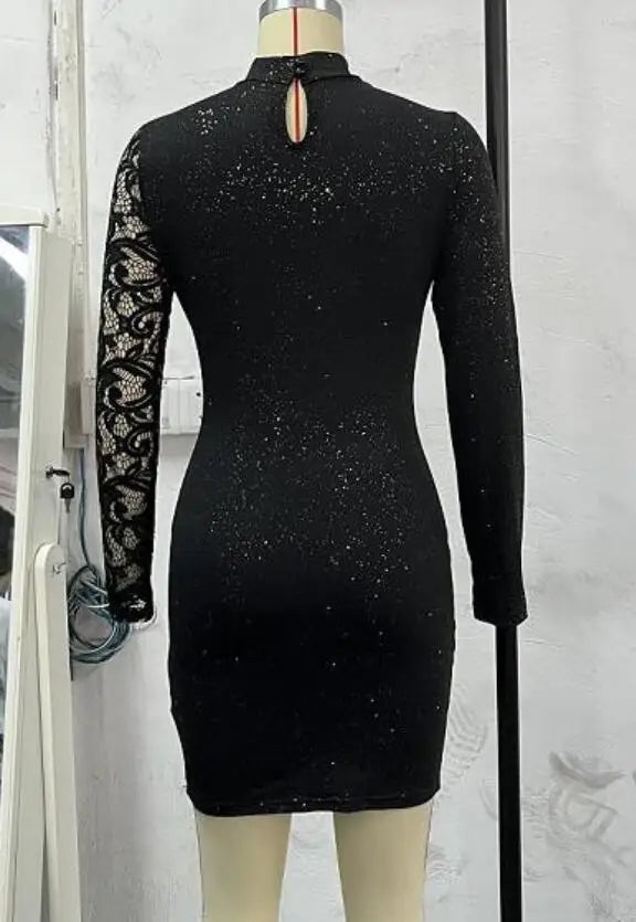 pantsparadises Evening Dresses for Women New Elegant Sexy Party Wedding Guest Glitter Contrast Lace Cutout Long Sleeve Bodycon Mini Dress